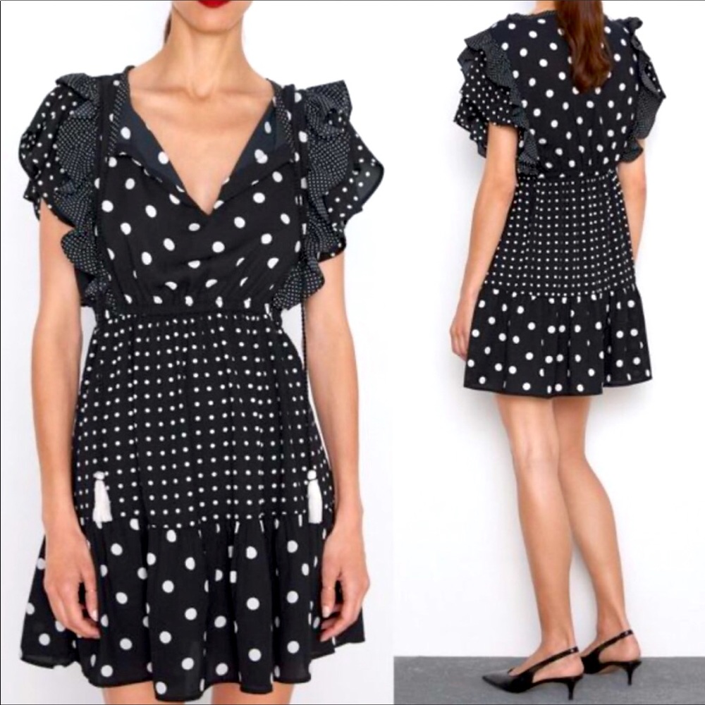 Zara polka dot ruffle dress with keyhole
